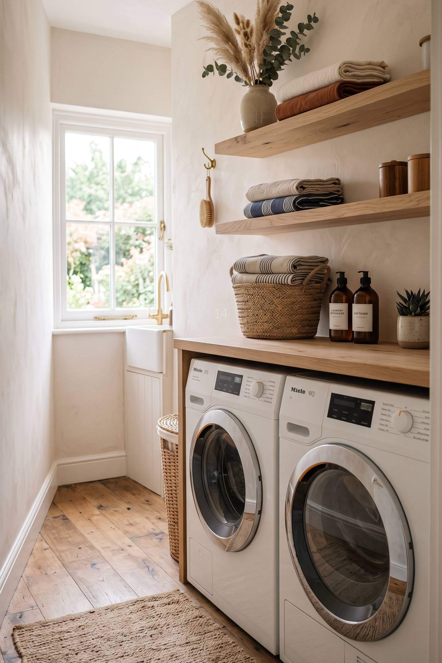 narrow laundry room featuring thick, light oak open shelving above a washer.