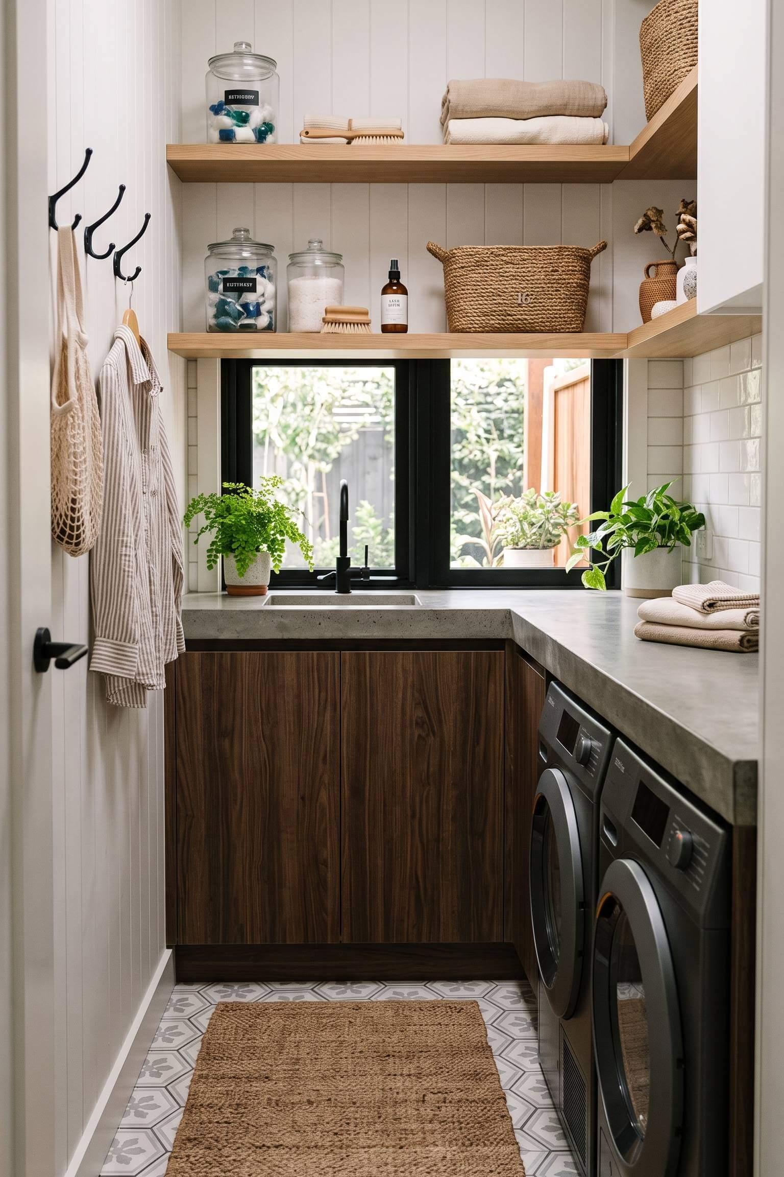 narrow laundry room featuring a sleek, industrial concrete countertop.