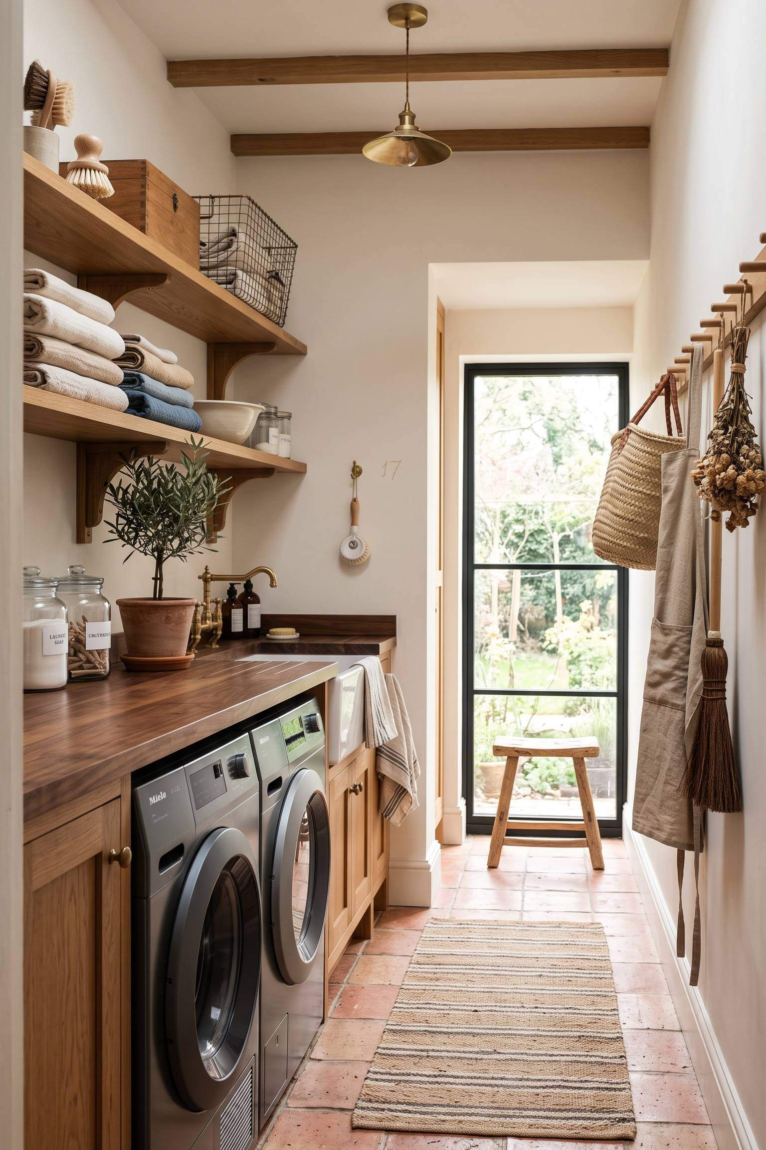 narrow laundry room featuring warm terracotta floor tiles.