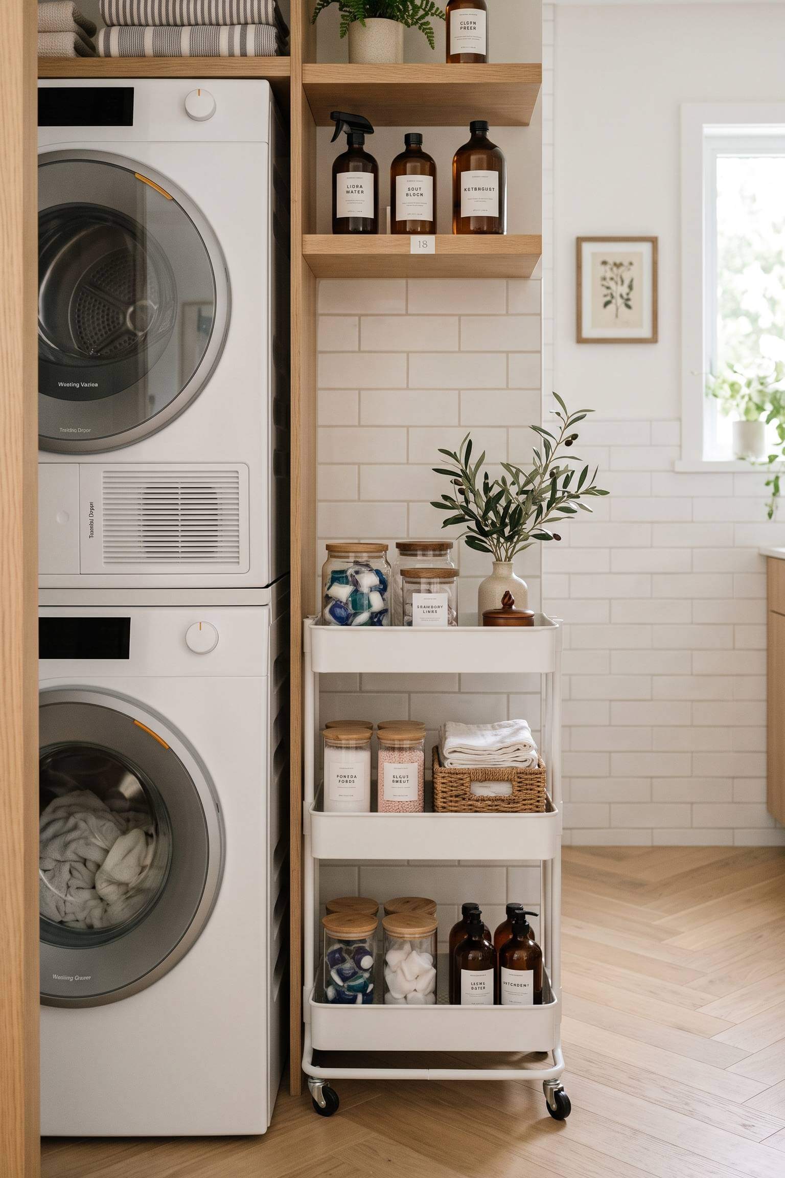 narrow laundry room featuring a slim white rolling cart tucked perfectly between the washer and the wall.