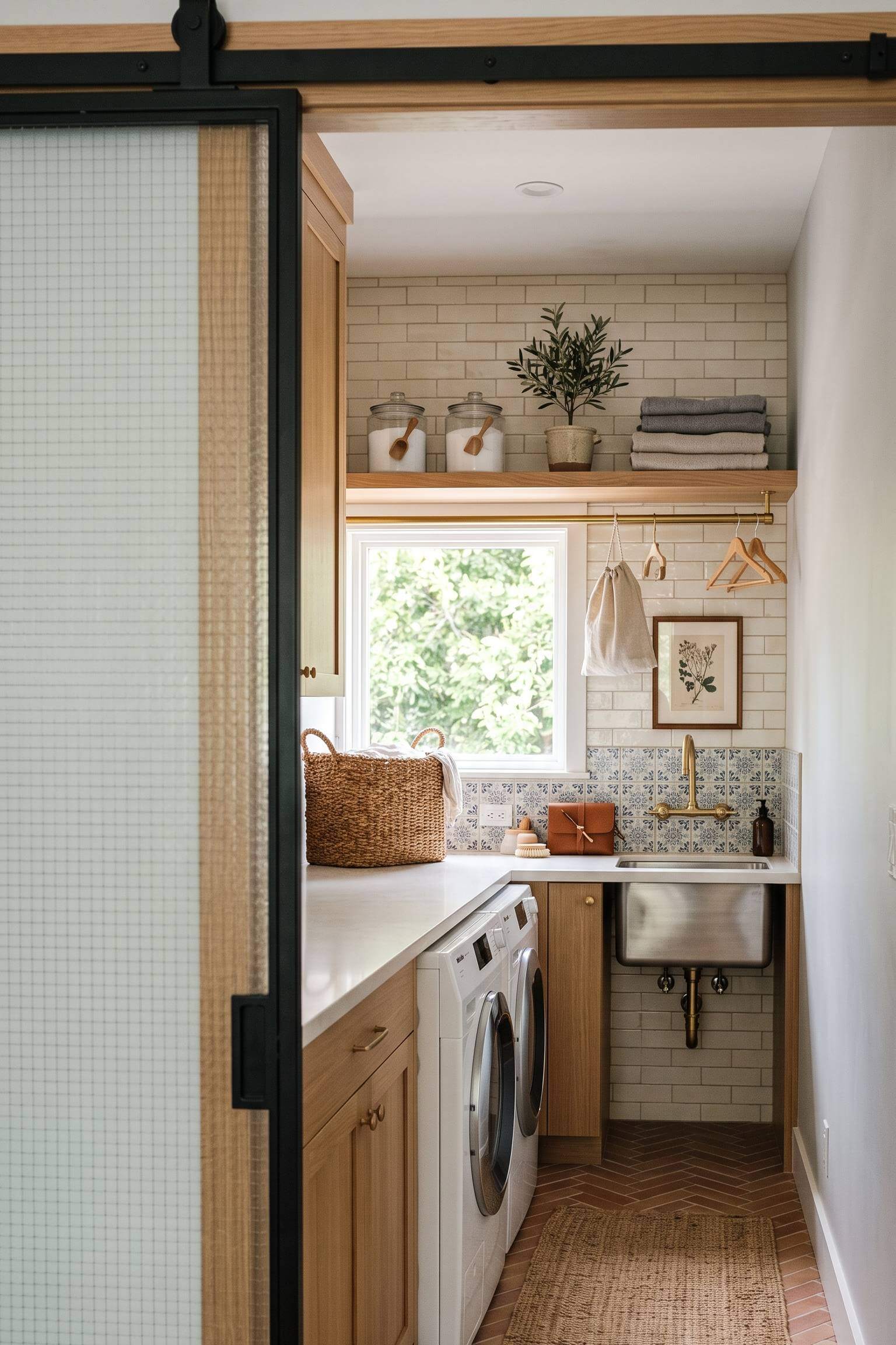 narrow laundry room featuring a sliding frosted glass pocket door.