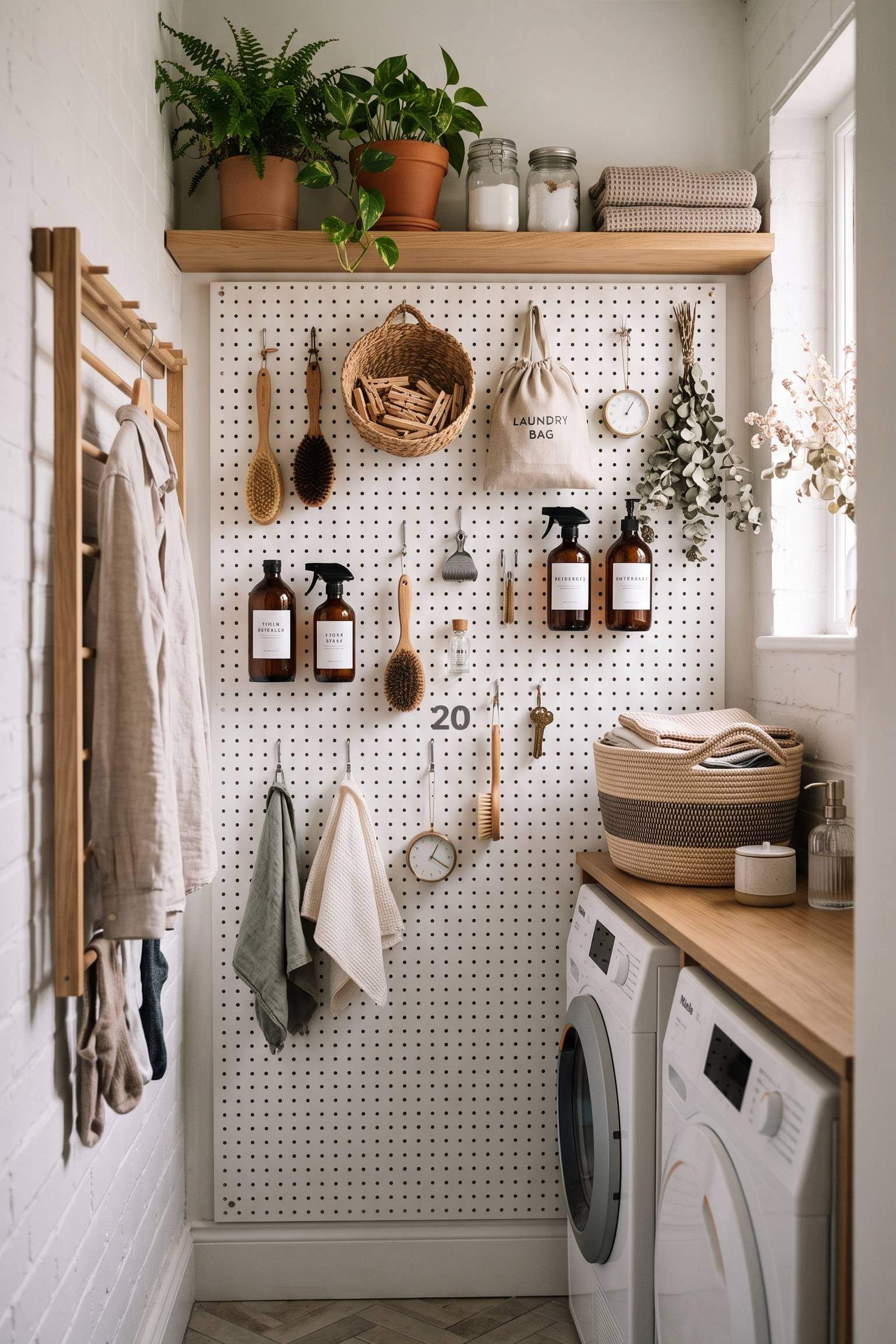 narrow laundry room featuring a large white pegboard wall with hanging supplies.