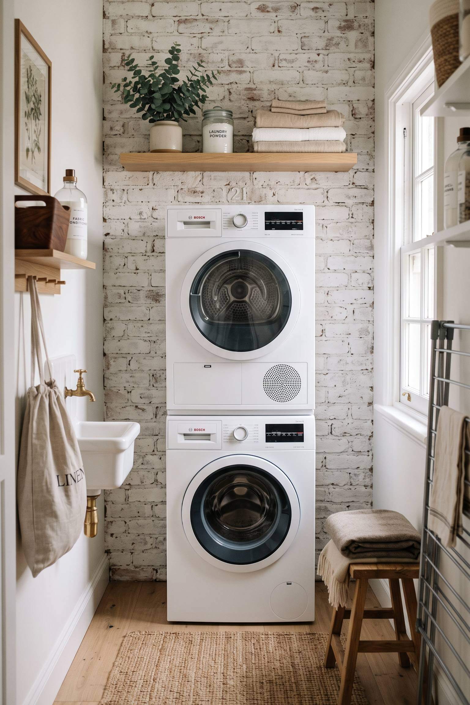 narrow laundry room featuring a beautiful whitewashed brick accent wall behind the washer.