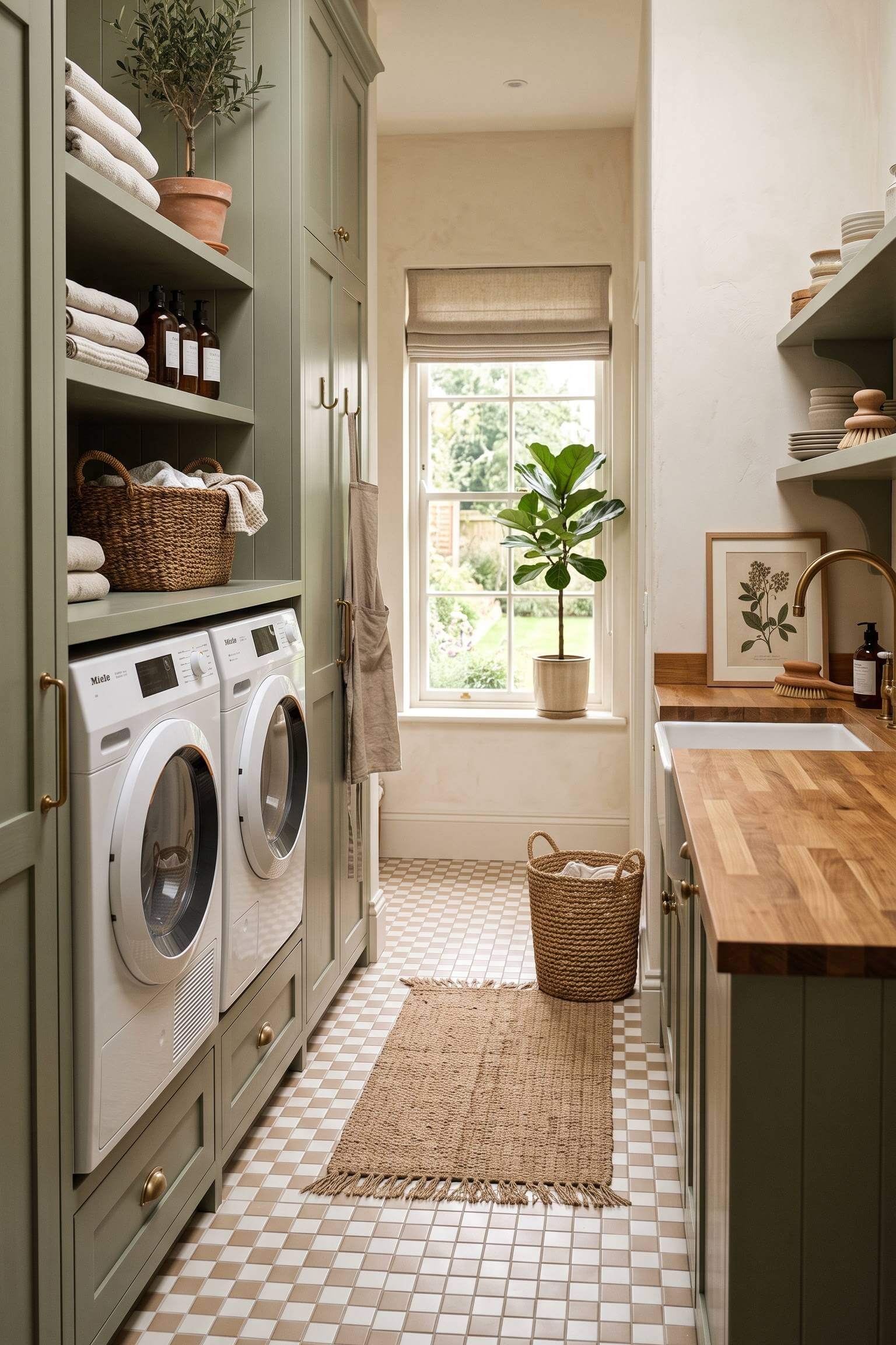 narrow laundry room featuring a beige and white checkered tile floor.