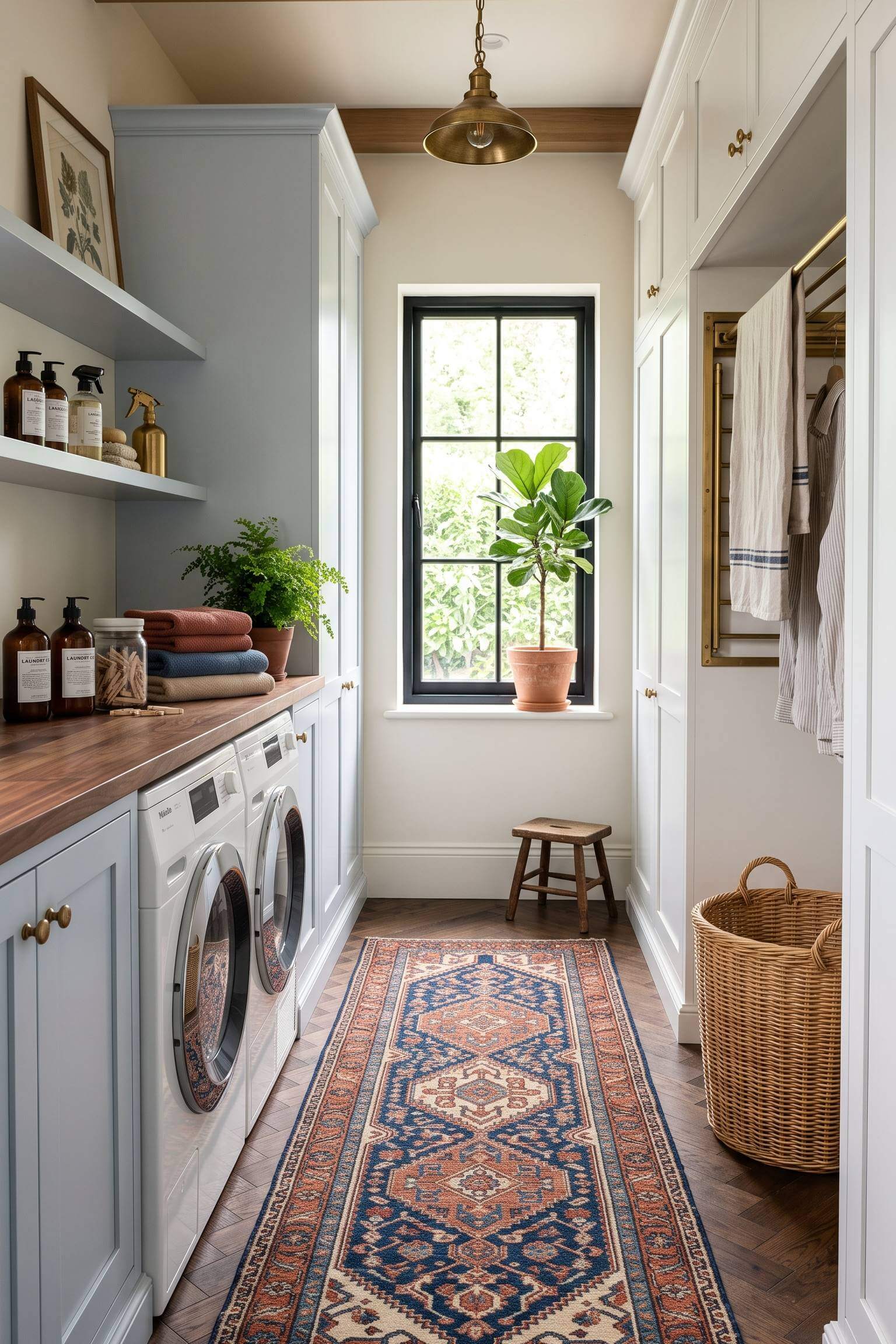 narrow laundry room featuring a long, colorful vintage Persian-style runner rug.