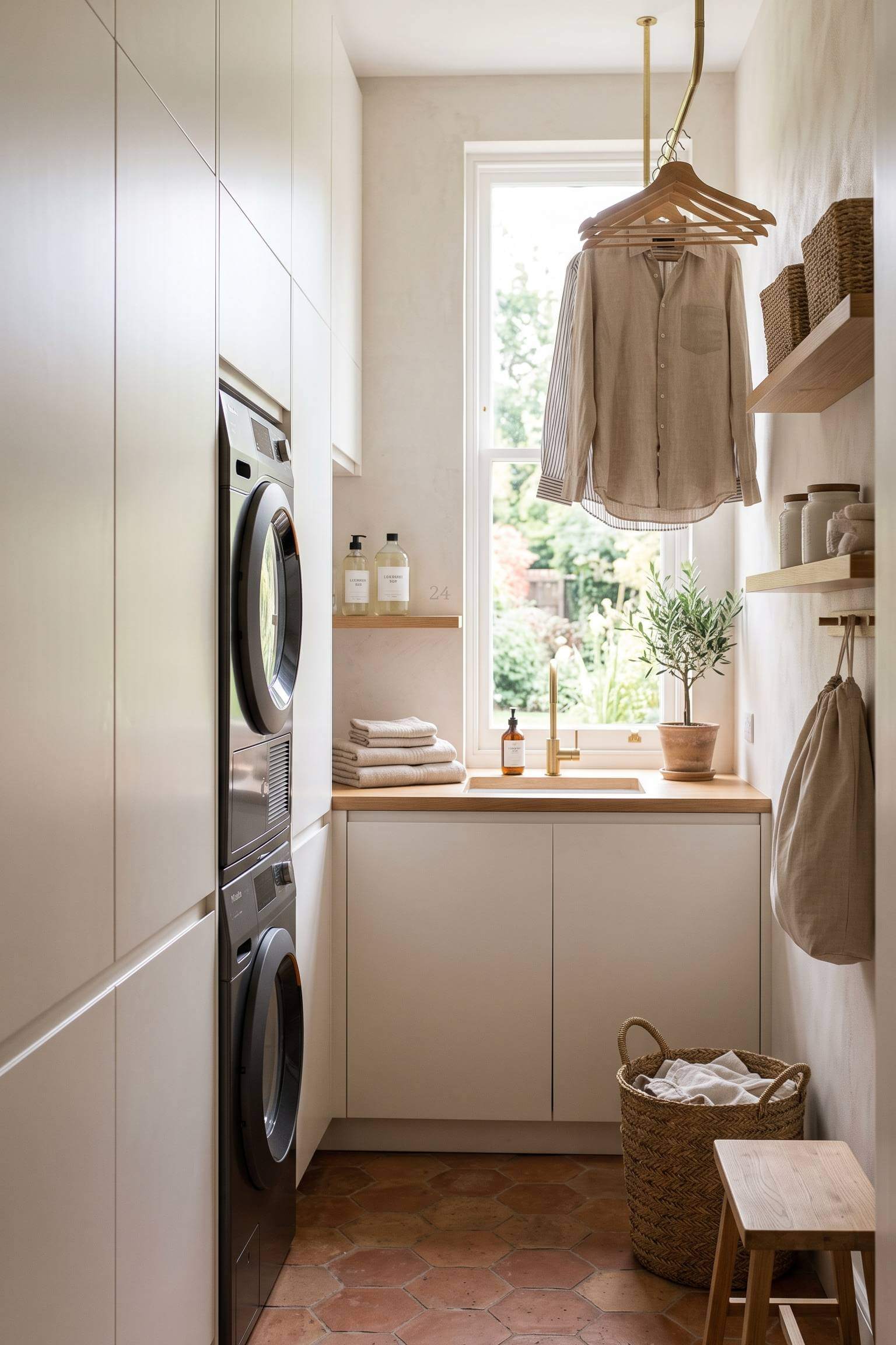 narrow laundry room featuring flat-panel, handle-less minimalist cabinets in soft white.