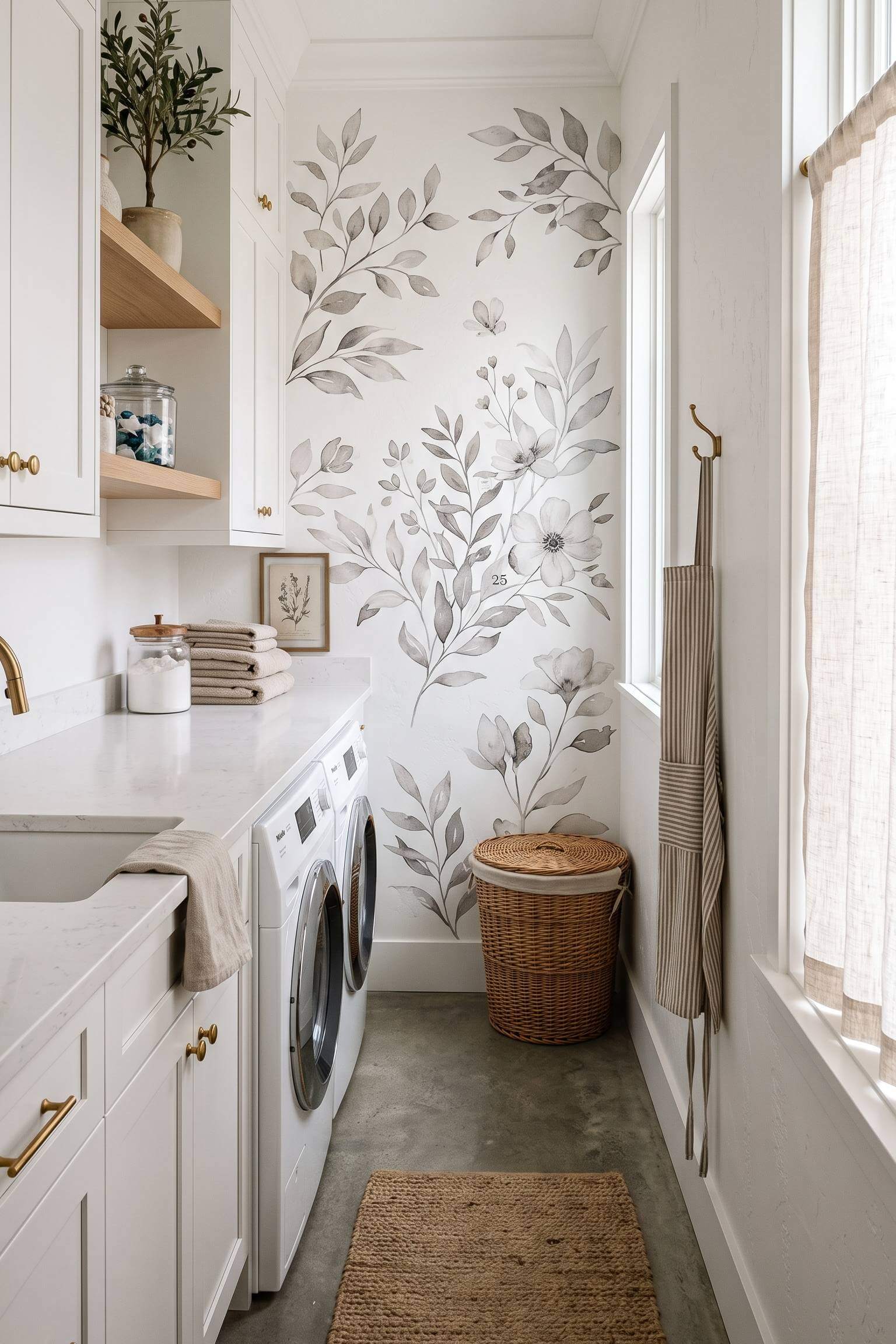 narrow laundry room featuring oversized, subtle floral wall decals on a white wall.