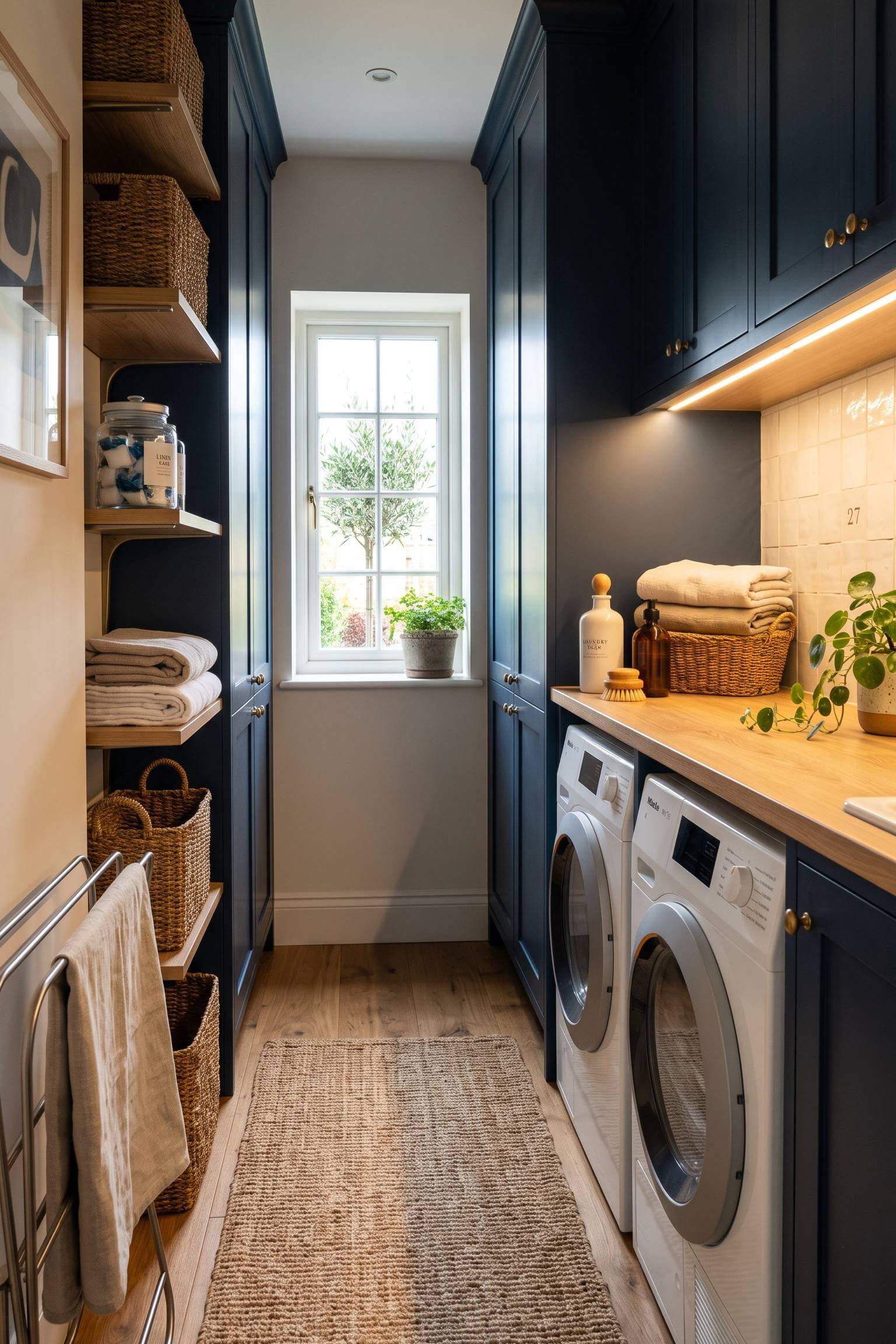 narrow laundry room featuring warm LED lighting glowing beautifully under the upper cabinets.
