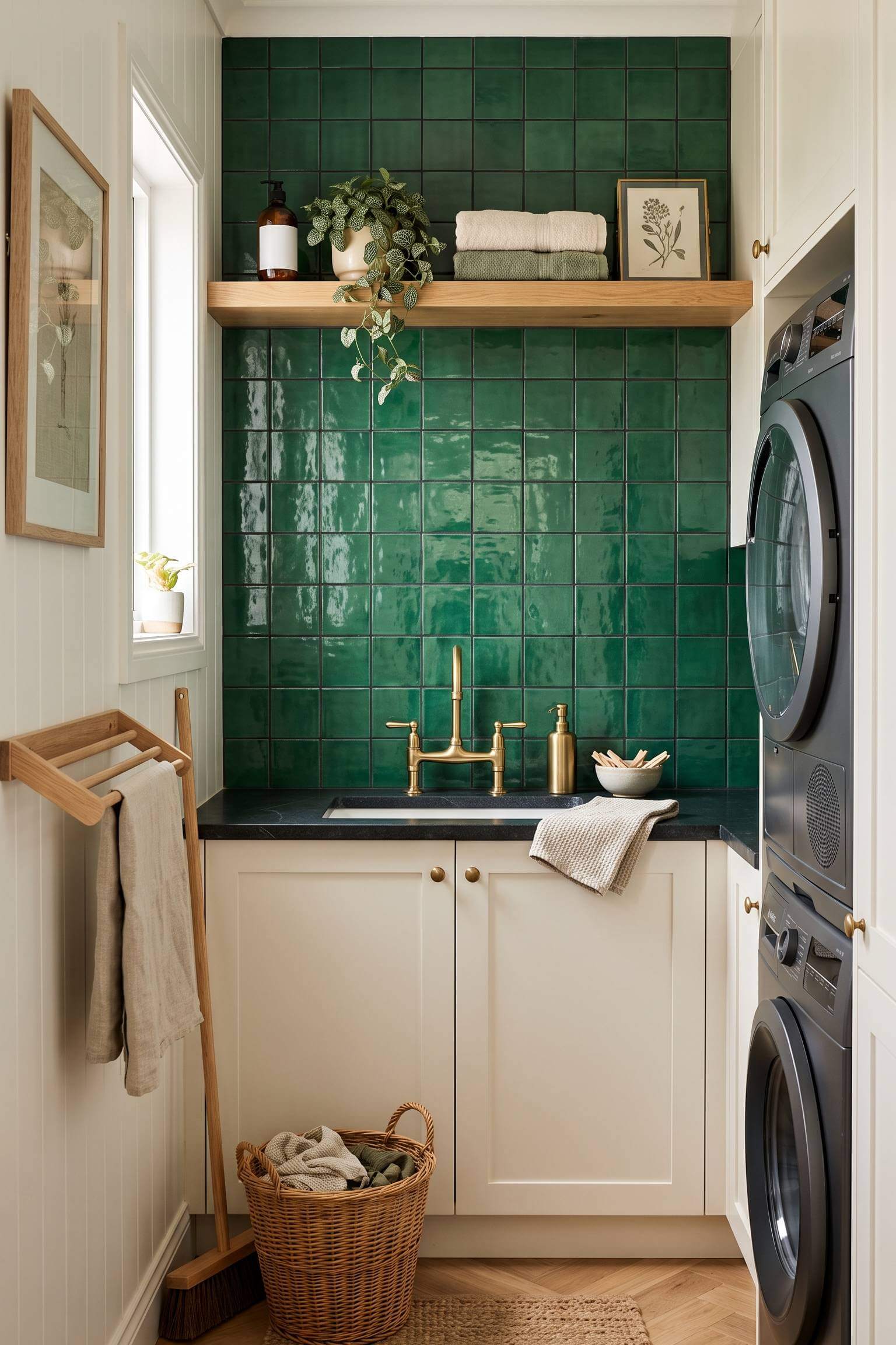 narrow laundry room featuring a glossy emerald green square tile backsplash.