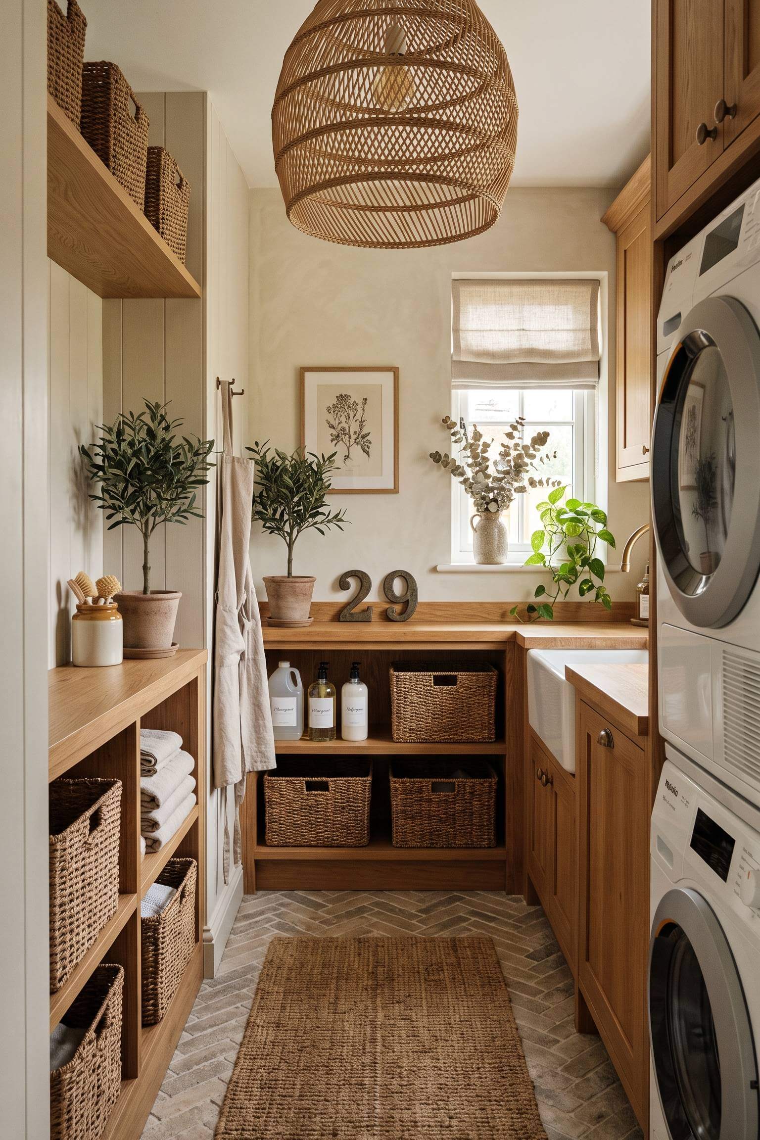 narrow laundry room featuring a large, beautiful oversized woven wicker pendant light hanging from the ceiling.
