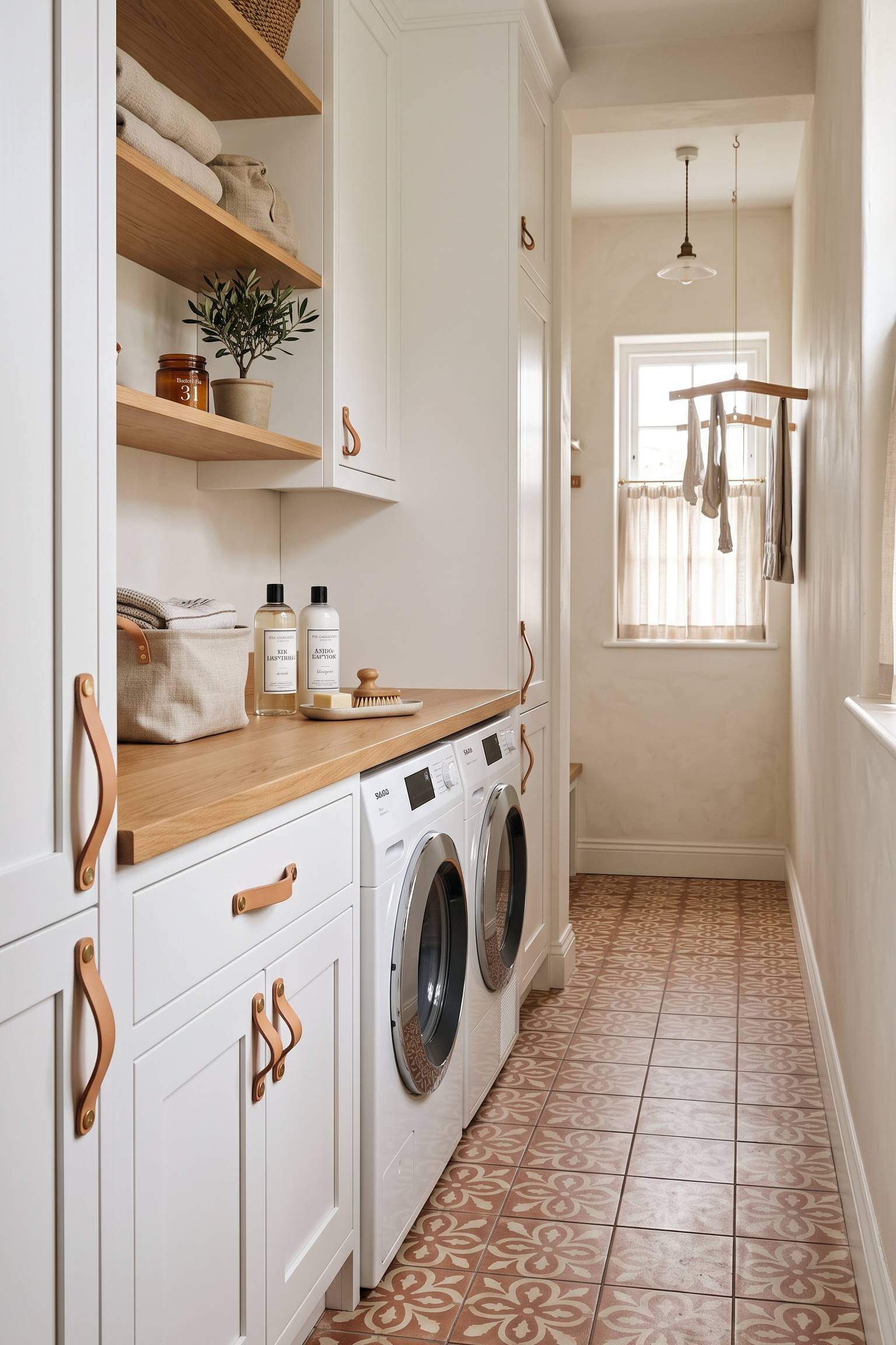 narrow laundry room featuring soft tan leather strap pulls on crisp white cabinets.
