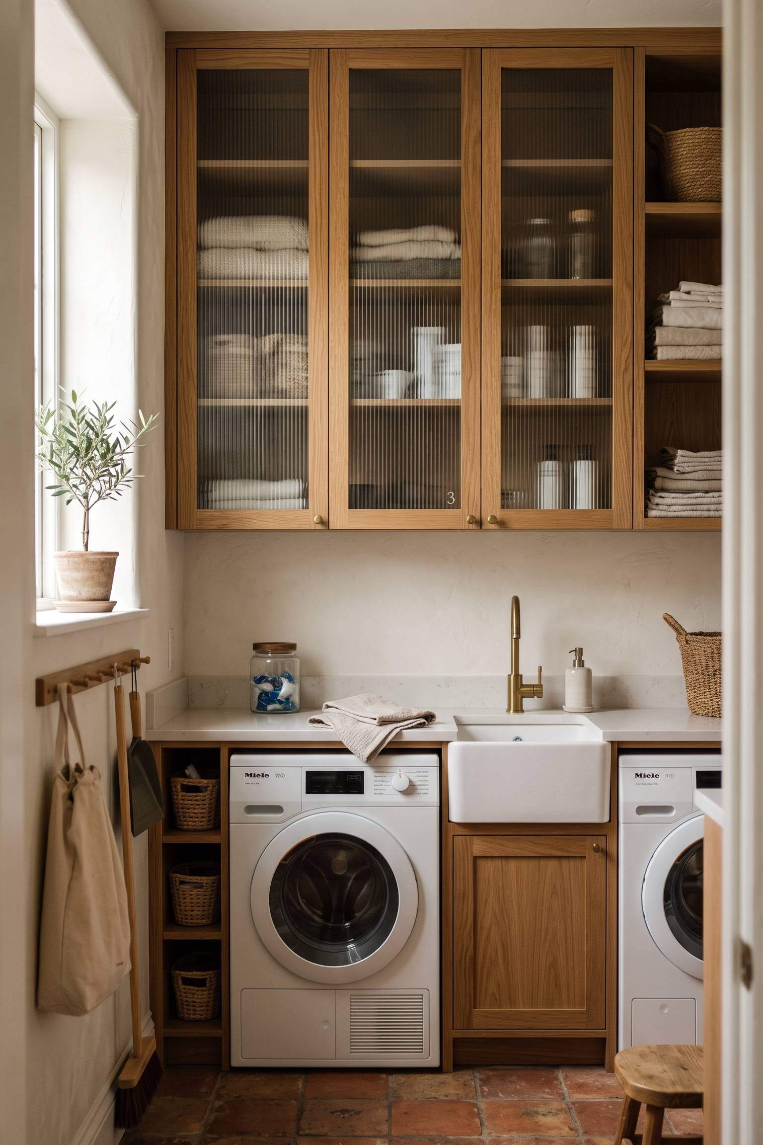 narrow laundry room featuring upper cabinets with fluted glass fronts.