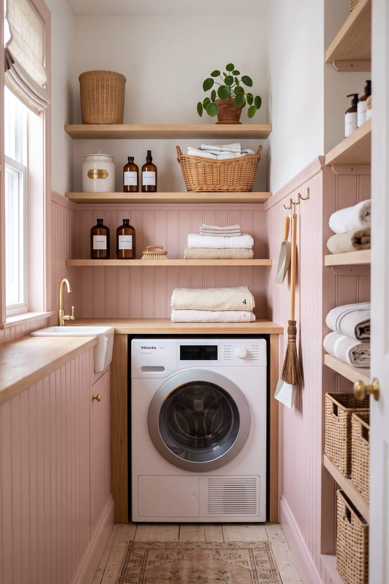 narrow laundry room featuring soft pastel pink half-wall beadboard.