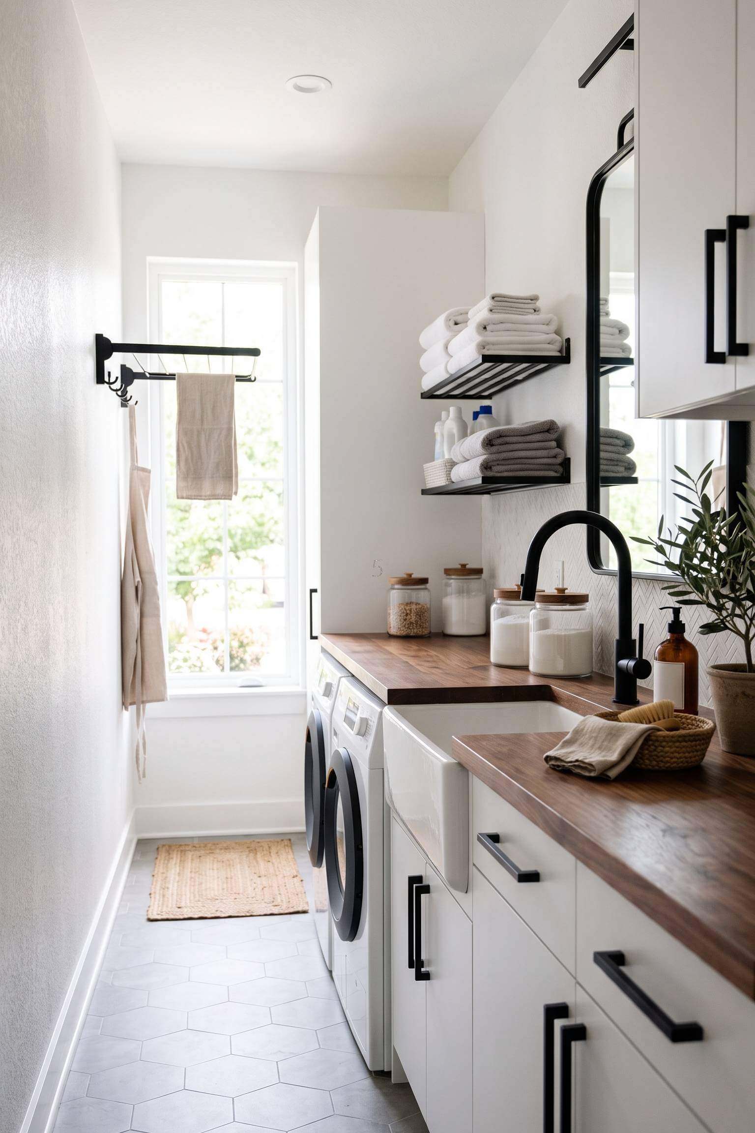 narrow laundry room featuring white walls and striking matte black hardware and faucets.