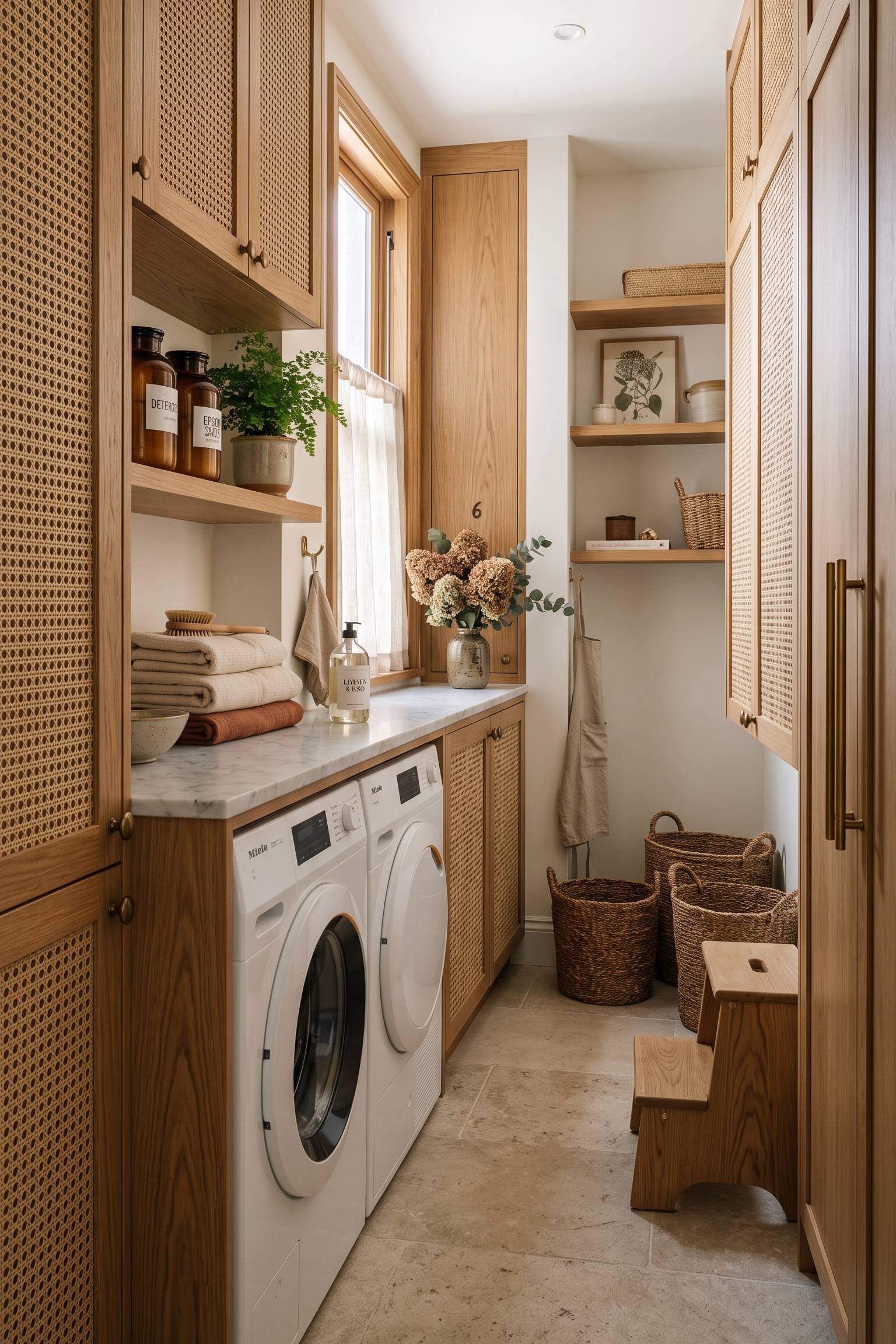 laundry room featuring cabinet doors with woven rattan inserts.