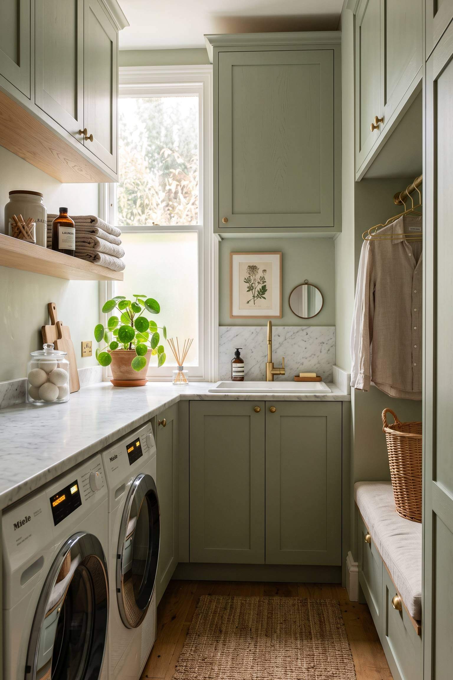 narrow laundry room featuring soft sage green cabinets and walls.