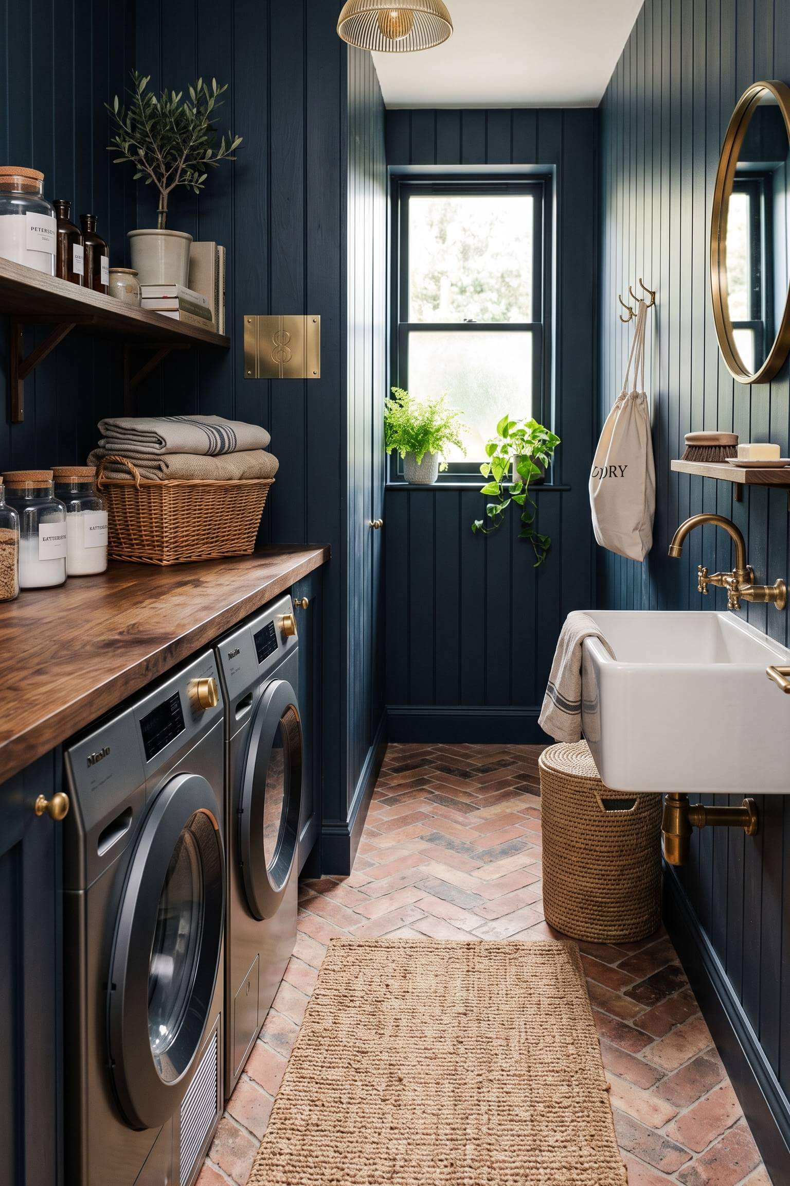 narrow laundry room featuring vertical dark navy blue shiplap walls.