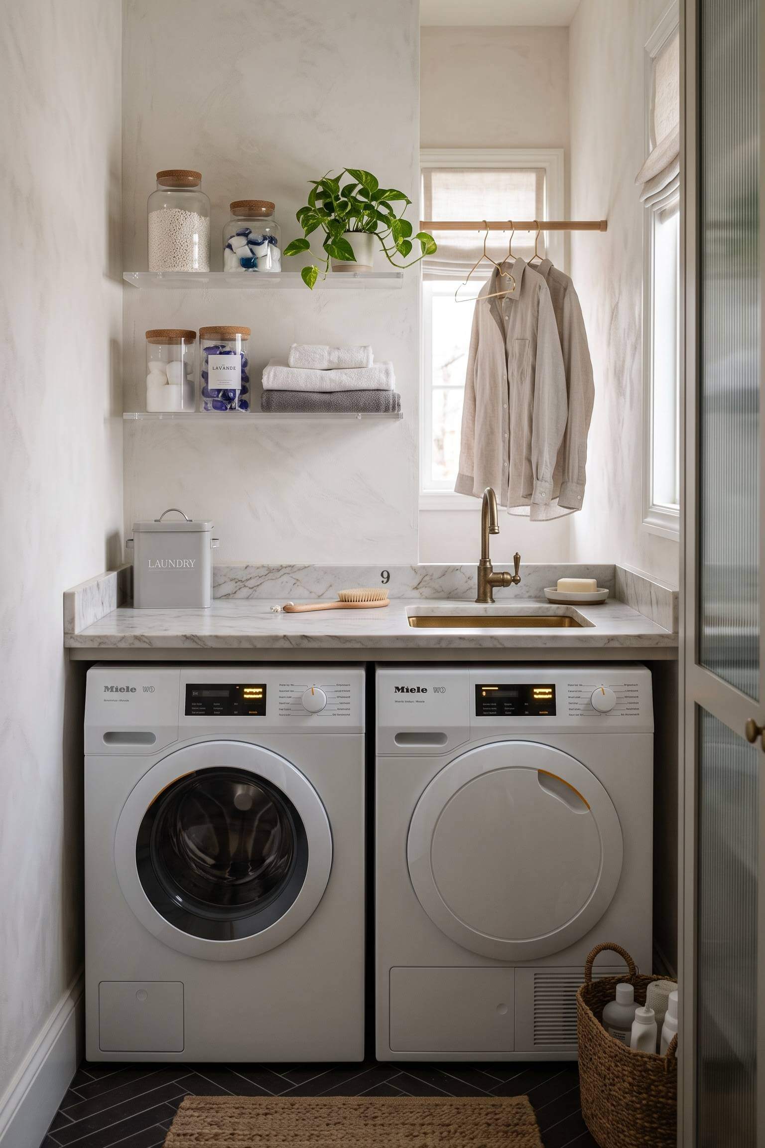 narrow laundry room featuring clear acrylic floating shelves