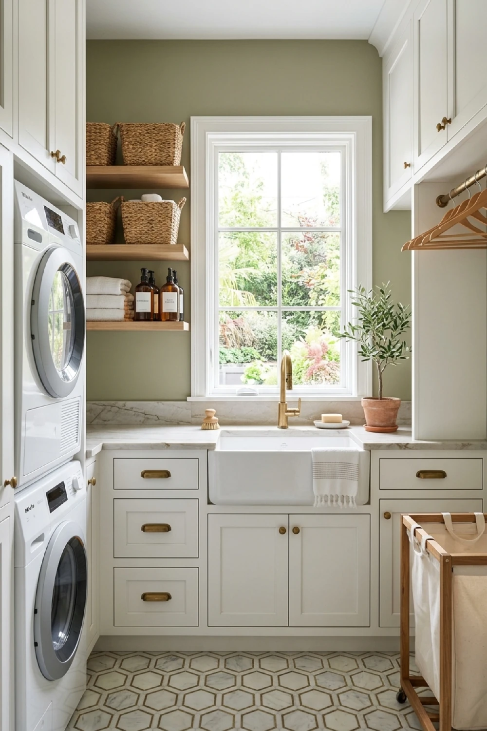 22-elegant-laundry-room-ideas-to-transform-your-daily-routine-sage-green-walls-and-hexagon-tile-floors.webp