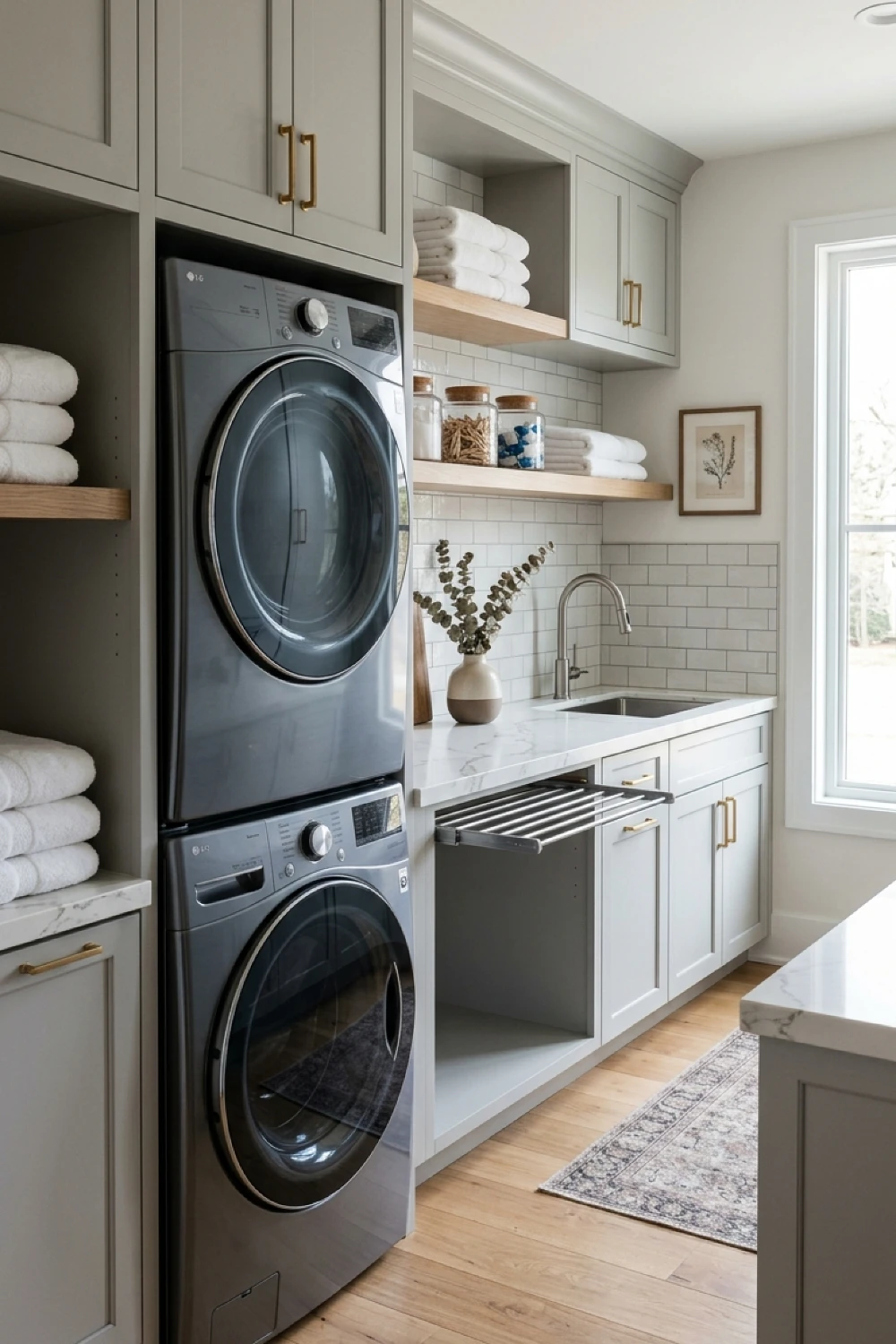 22-elegant-laundry-room-ideas-to-transform-your-daily-routine-charcoal-grey-stacked-units-with-marble-counters.webp