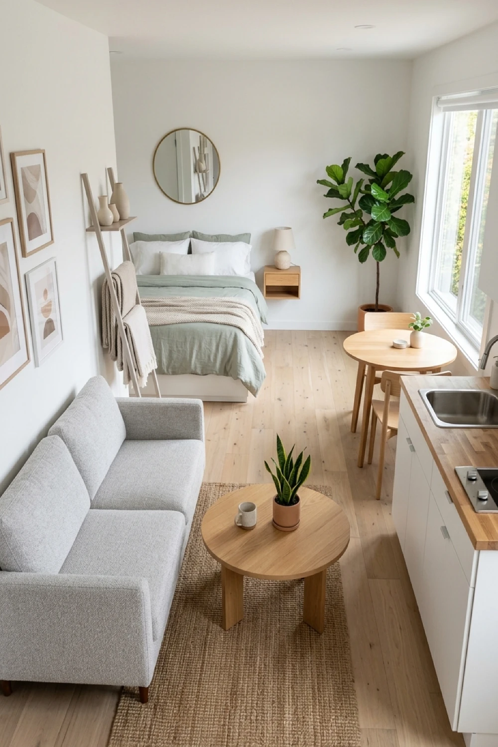 22-inspiring-one-room-apartment-ideas-to-transform-your-studio-utilize-vertical-ladder-shelving.webp