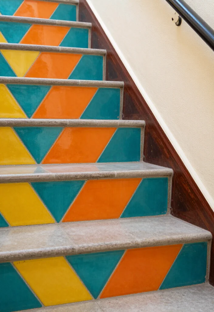 14 Colorful Tile Riser Styles That Will Add Fun to Any Staircase! - 1. Bold Geometric Tiles 1