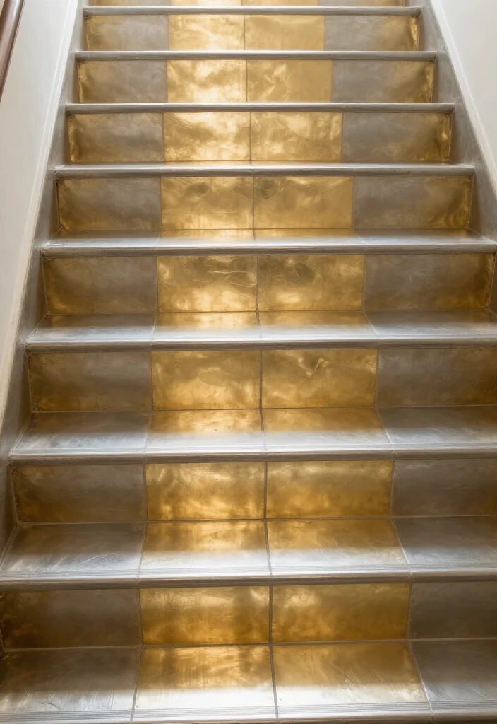 14 Colorful Tile Riser Styles That Will Add Fun to Any Staircase! - 10. Metallic Finishes 1
