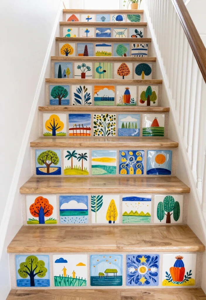 14 Colorful Tile Riser Styles That Will Add Fun to Any Staircase! - 11. Custom Artwork Tiles 1