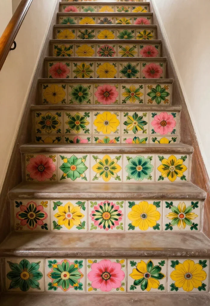 14 Colorful Tile Riser Styles That Will Add Fun to Any Staircase! - 2. Floral and Botanical Patterns 1