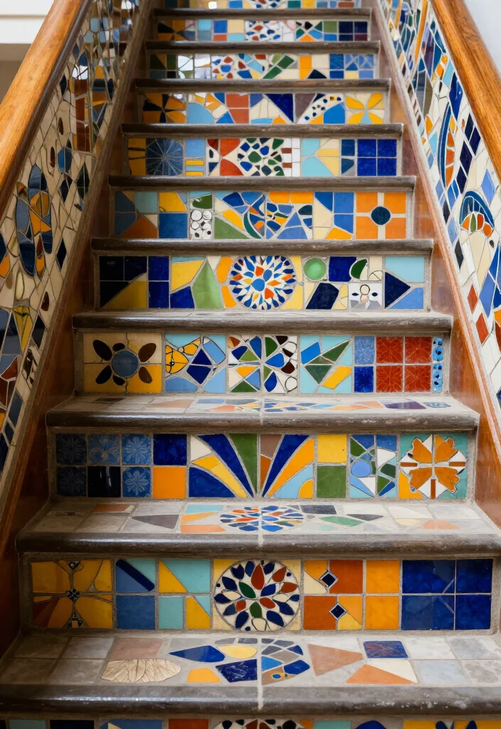 14 Colorful Tile Riser Styles That Will Add Fun to Any Staircase! - 4. Artistic Mosaic Tiles 1