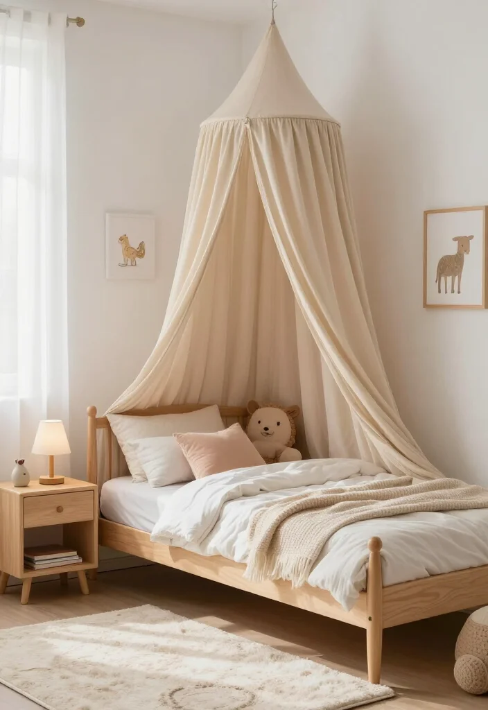 17 Neutral Toddler Bedroom Ideas That'll Make You Say 'I Want That for My Child!' - 1. Soft Beige Canopy Bed 1