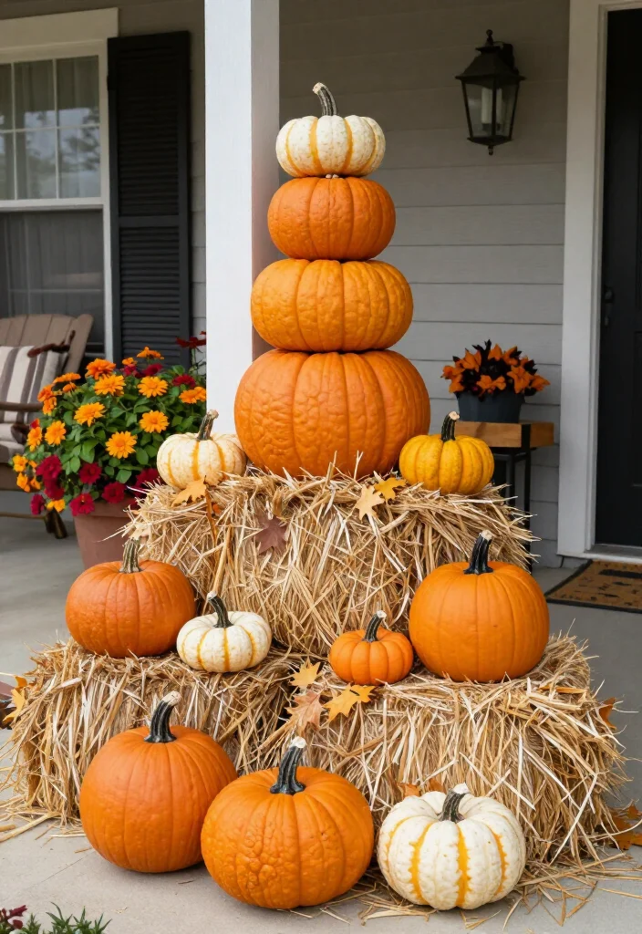 19 DIY Fall Porch Projects You Can Whip Up in a Weekend (You'll Love #9!) - 15. Hay Bale Pumpkin Stack 1