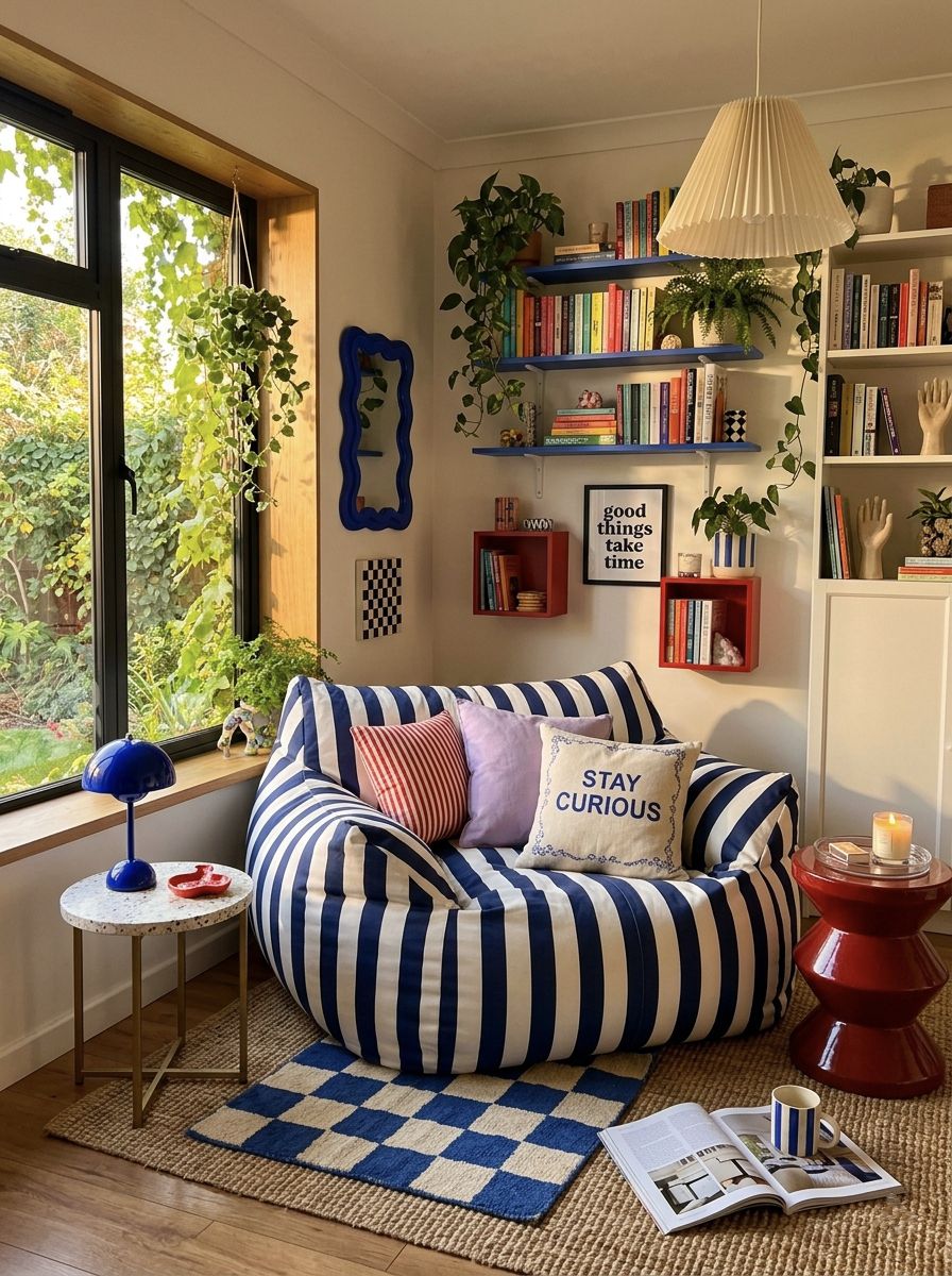 19 Sunroom Reading Nooks That'll Make You Want to Curl Up with a Book Right Now! - 12. Color-Blocked Nook 1