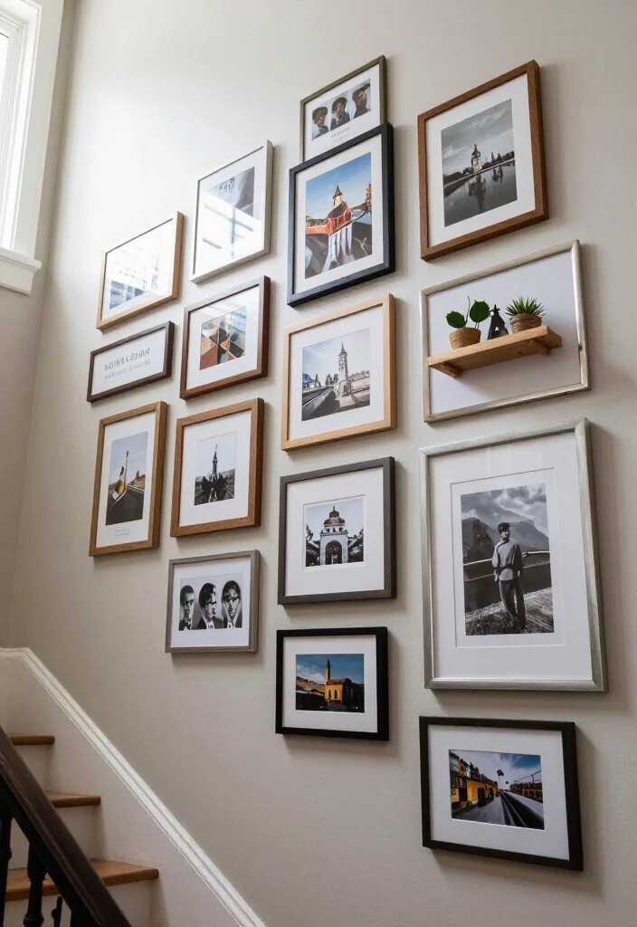 20 Aesthetic Staircase Wall Decor Ideas That Will Transform Your Home (You’ll Love #15!) - 1. Gallery Wall of Personal Memories 1