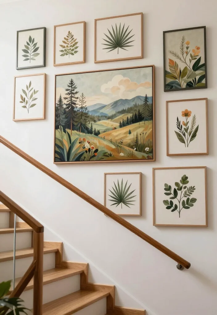 20 Aesthetic Staircase Wall Decor Ideas That Will Transform Your Home (You’ll Love #15!) - 15. Nature-inspired Wall Art 1