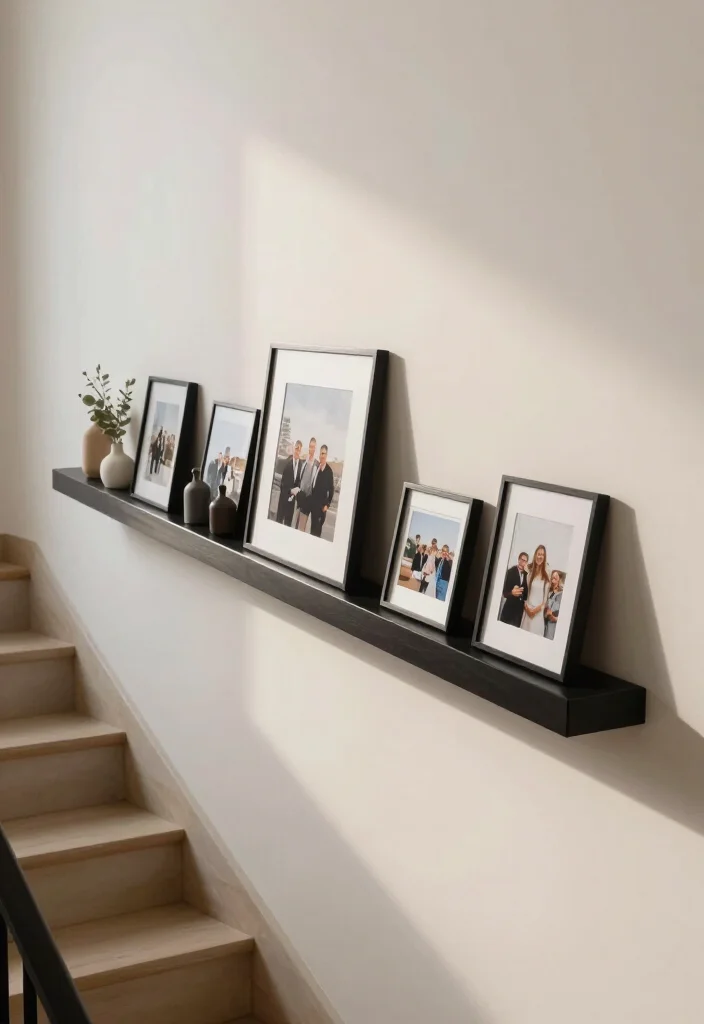 20 Aesthetic Staircase Wall Decor Ideas That Will Transform Your Home (You’ll Love #15!) - 16. Floating Photo Ledge 1
