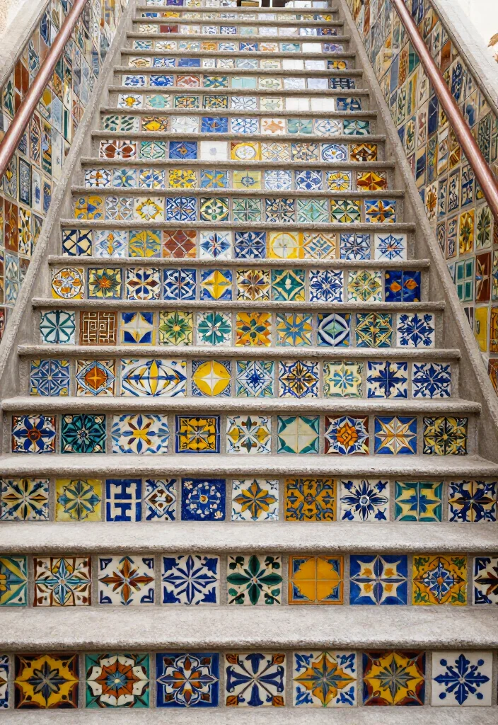 20 Aesthetic Staircase Wall Decor Ideas That Will Transform Your Home (You’ll Love #15!) - 17. Artistic Tile Accents 1