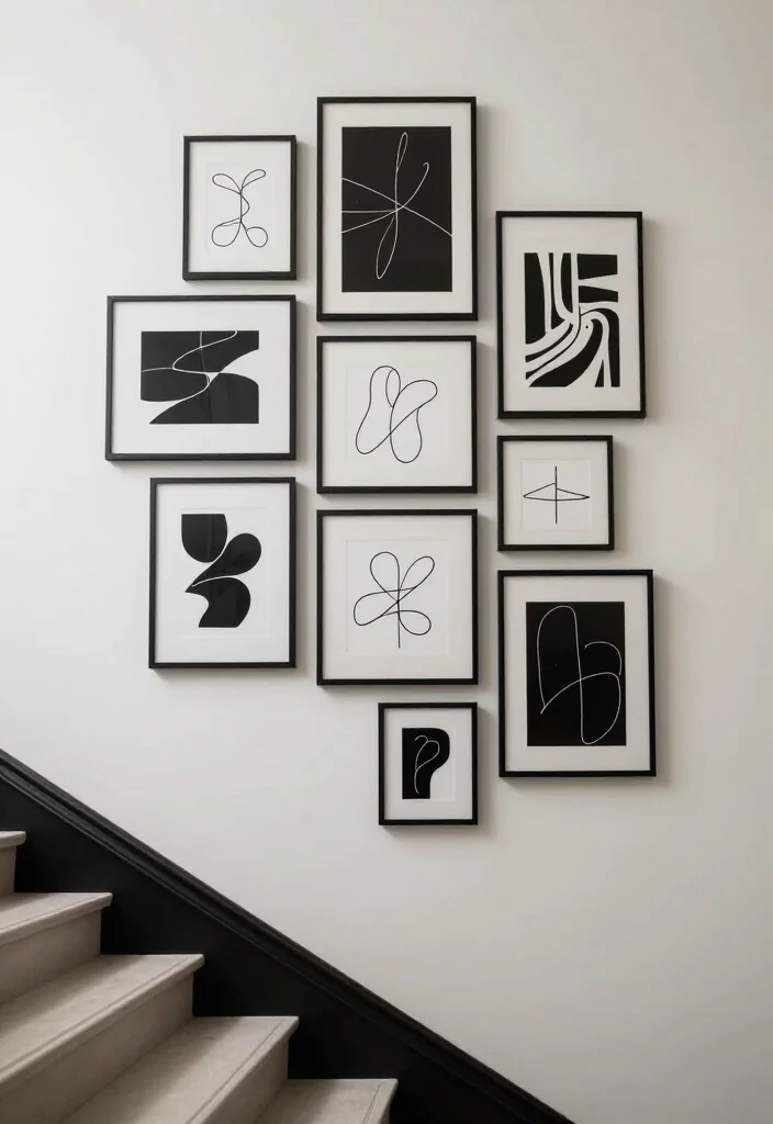 20 Aesthetic Staircase Wall Decor Ideas That Will Transform Your Home (You’ll Love #15!) - 18. Minimalist Black and White Art 1