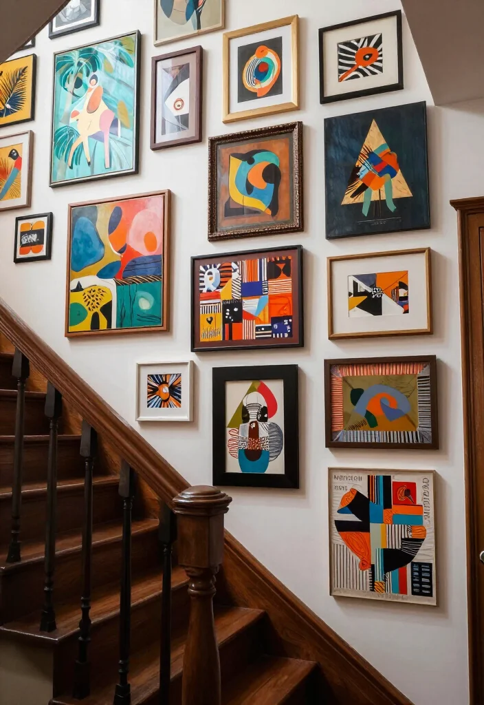 20 Aesthetic Staircase Wall Decor Ideas That Will Transform Your Home (You’ll Love #15!) - 4. Eclectic Art Collection 1