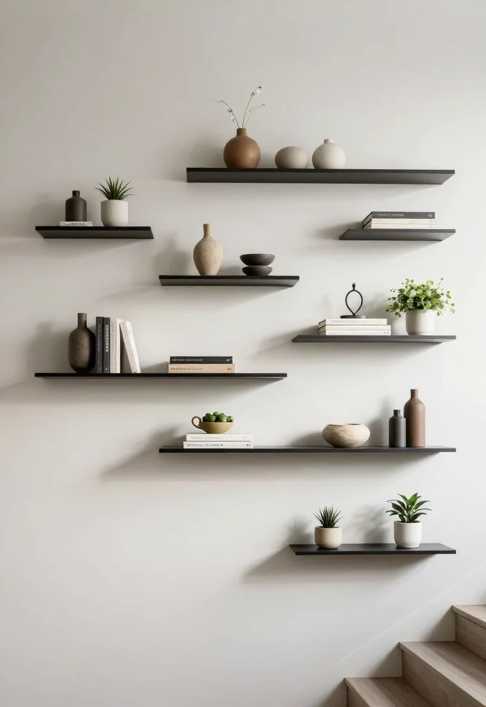 20 Aesthetic Staircase Wall Decor Ideas That Will Transform Your Home (You’ll Love #15!) - 9. Floating Shelves for Decor Display 1