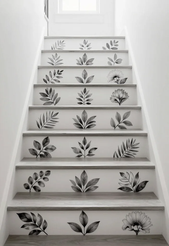 20 Creative Stair Riser Stickers That Will Elevate Your DIY Game (Can You Handle #6?) - 20. Monochrome Botanical 1