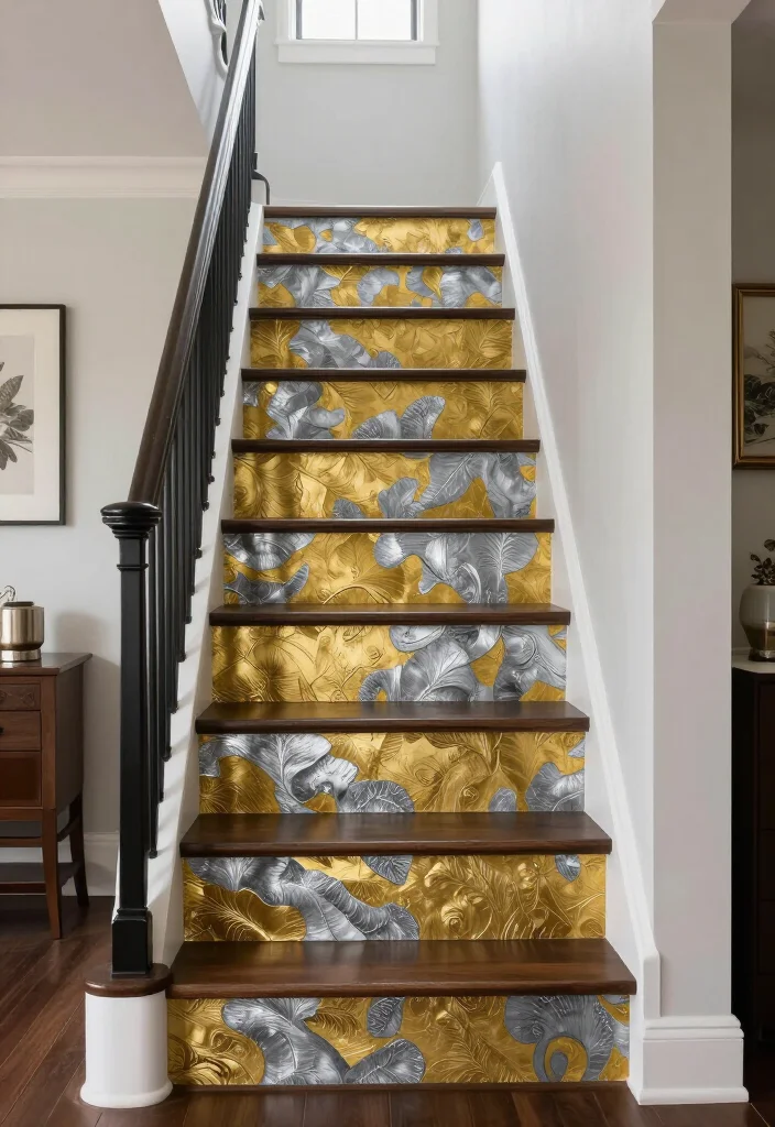 20 Metallic Accents for Stair Risers That Will Wow Your Guests! - 18. Statement Metallic Wallpaper Accents 1