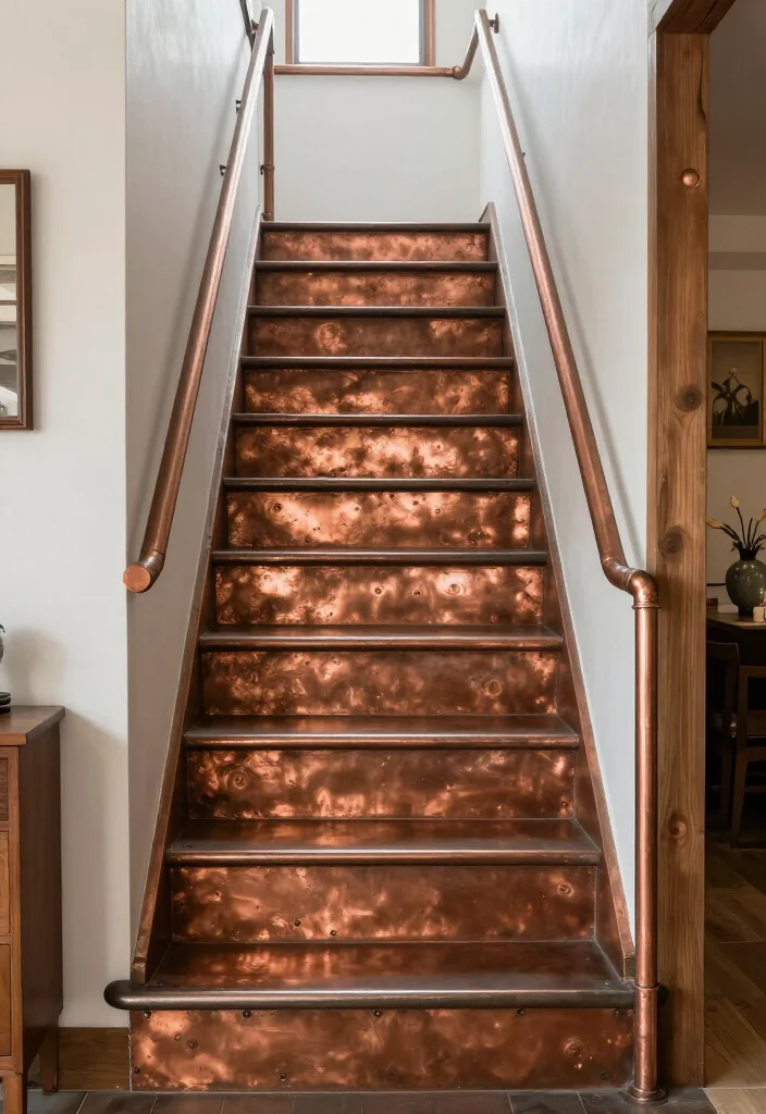 20 Metallic Accents for Stair Risers That Will Wow Your Guests! - 3. Rustic Copper Accents 1