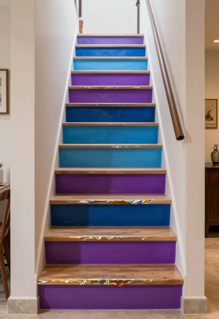 20 Metallic Accents for Stair Risers That Will Wow Your Guests! - 8. Colorful Metallic Foil Accents 1
