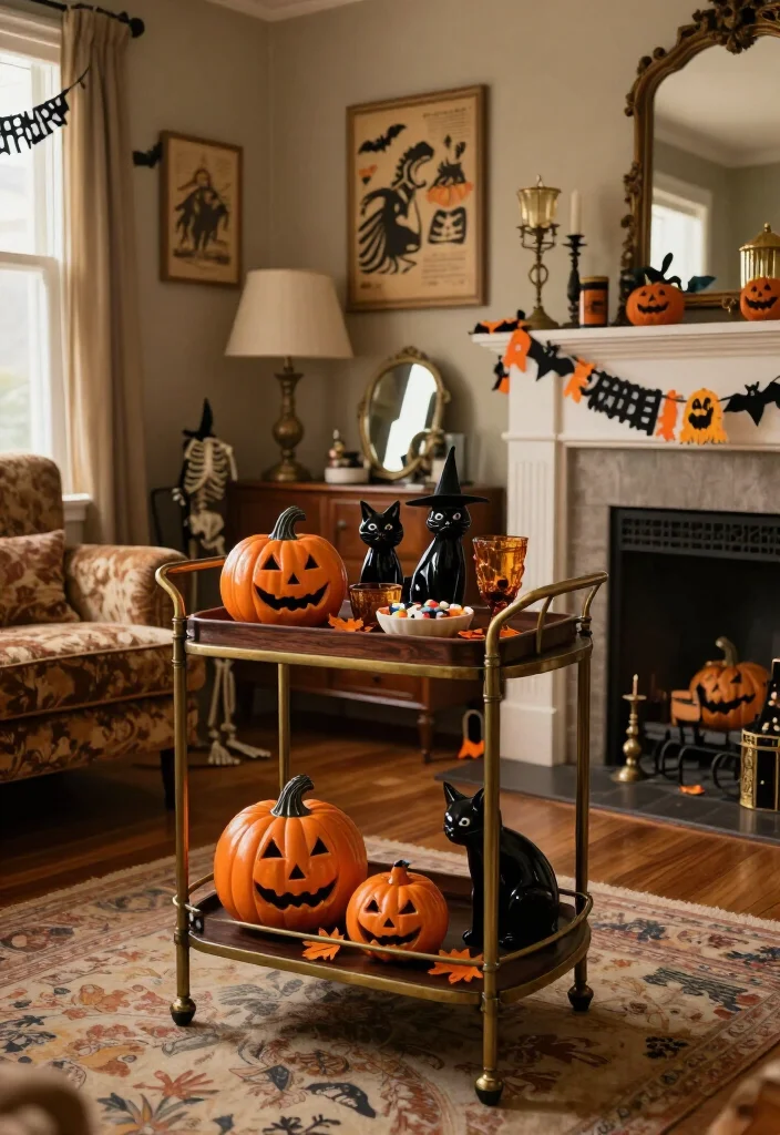 18 Vintage Halloween Home Decor Ideas for Old-School Spooky Charm (Your Living Room Will Never Look the Same!) - 12. Style a Thrifted Tray or Bar Cart 1