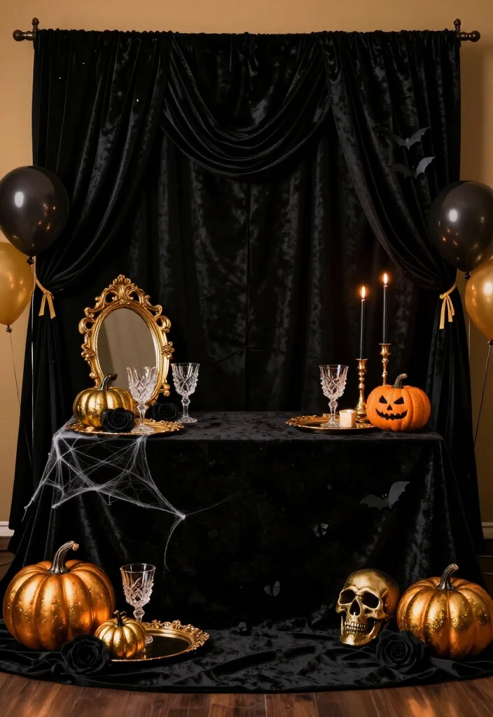 20 Black and Gold Halloween Decor Ideas That Make Your Party Look Sinfully Glamorous - 13. Frame the Party with a Black Velvet Backdrop 1