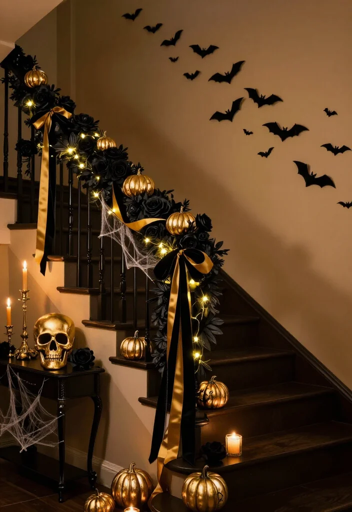 20 Black and Gold Halloween Decor Ideas That Make Your Party Look Sinfully Glamorous - 14. Make the Stairway Part of the Decor 1